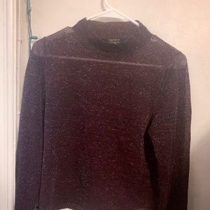 sheer dark red glittery mock neck party top